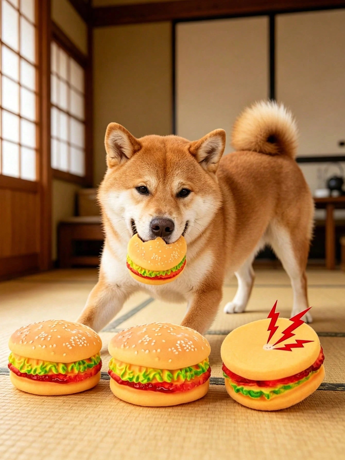 Hamburger Squeaky Dog Toy | Durable Plush Chew Toy for Dental Care & Training