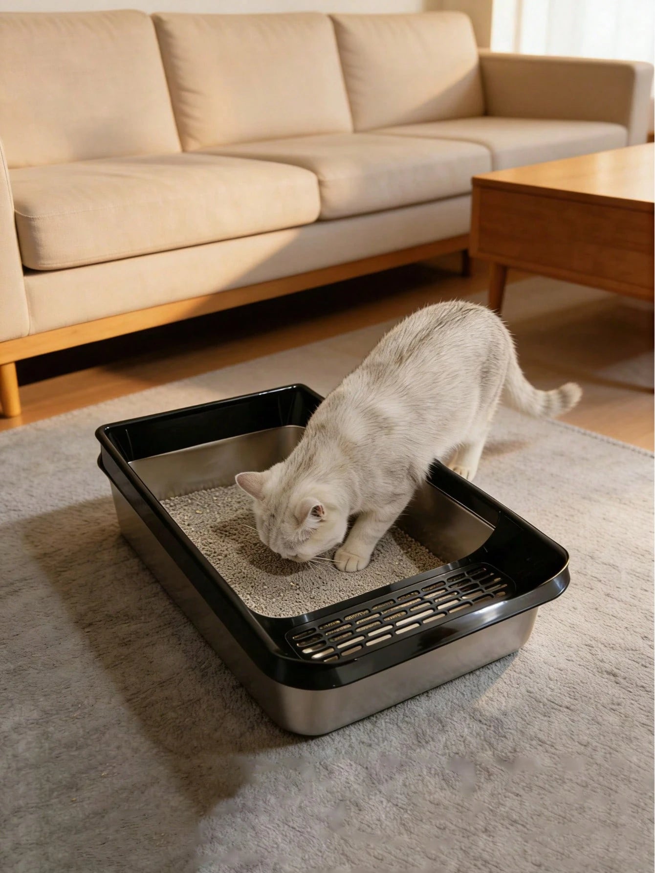 Stainless Steel Semi-Enclosed Cat Litter Box with Scoop
