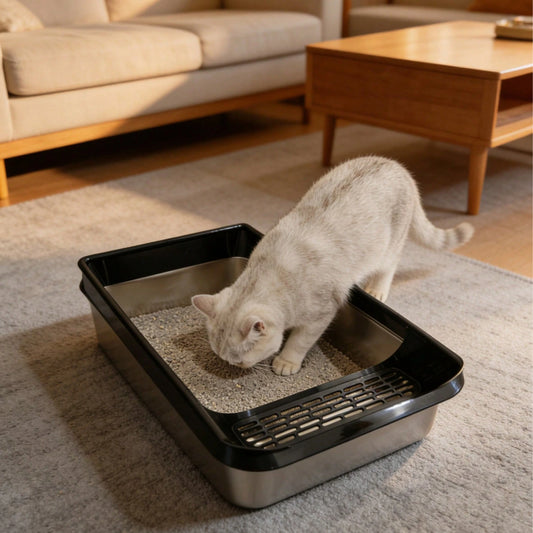 Stainless Steel Semi-Enclosed Cat Litter Box with Scoop