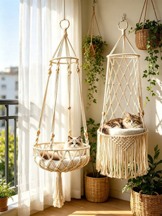Bohemian Cat Hammock Bed – Handmade Hanging Swing for Cats & Dogs | All Seasons