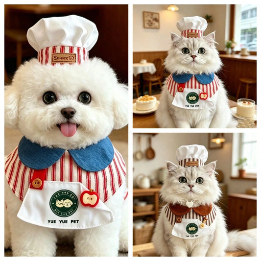 Cute Cat & Dog Barista Apron Collar & Chef Hat Set