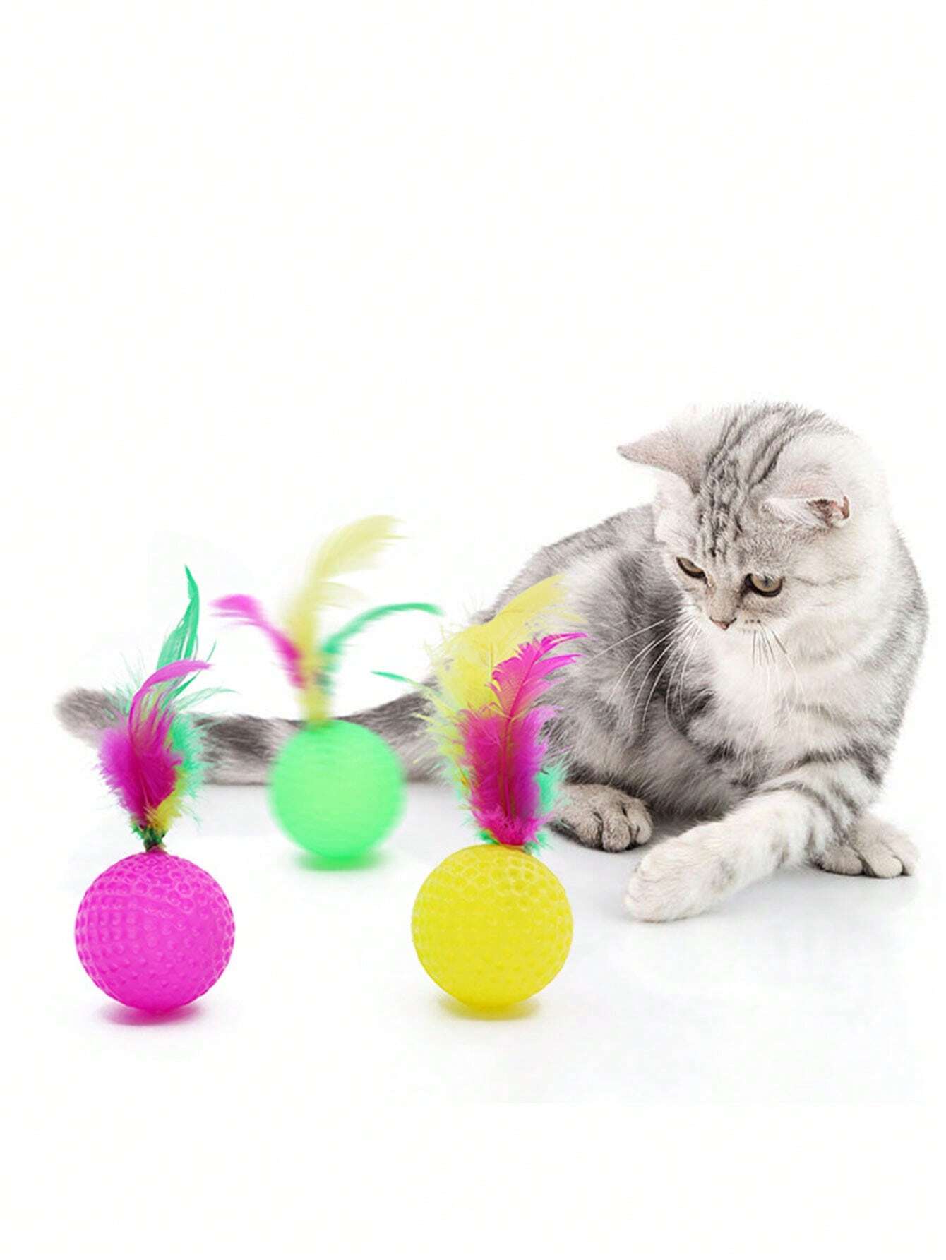 Interactive Rainbow Feather Cat Balls | Colorful Cat Toy (Set of 6 Pieces)