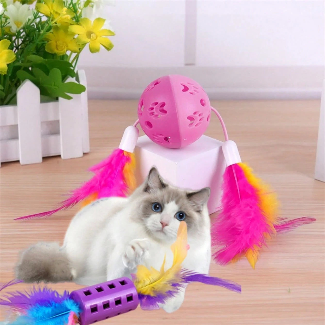 8PCS Cat Feather Ball Toy Set | Interactive Chase Toys for Indoor Cats
