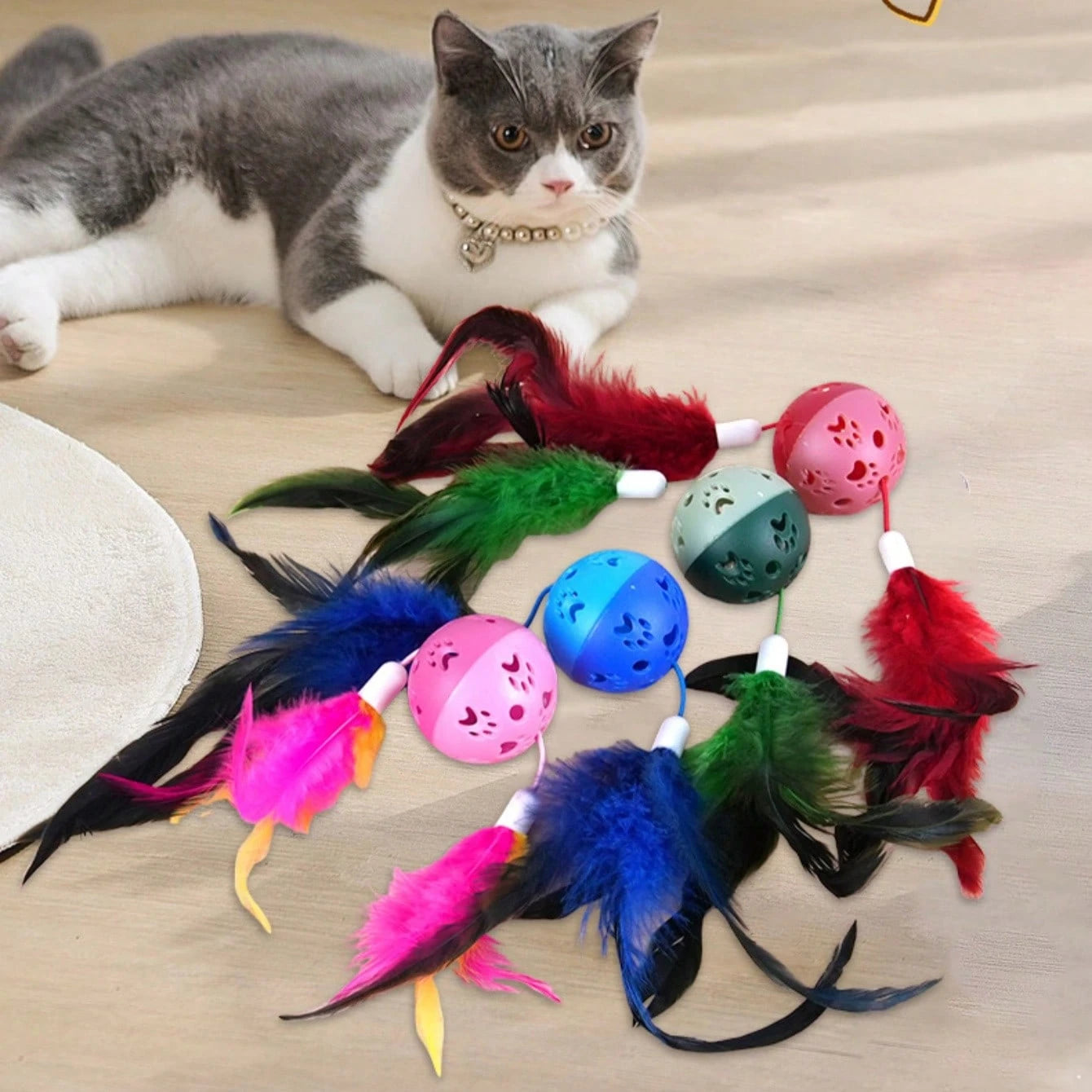 8PCS Cat Feather Ball Toy Set | Interactive Chase Toys for Indoor Cats