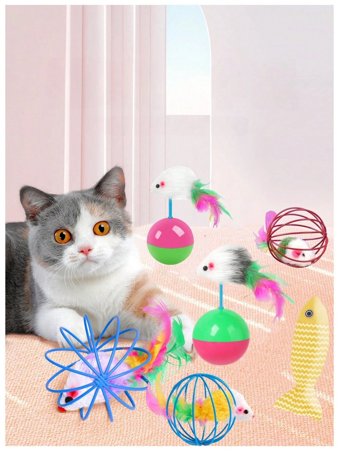 8PCS Cat Feather Ball Toy Set | Interactive Chase Toys for Indoor Cats