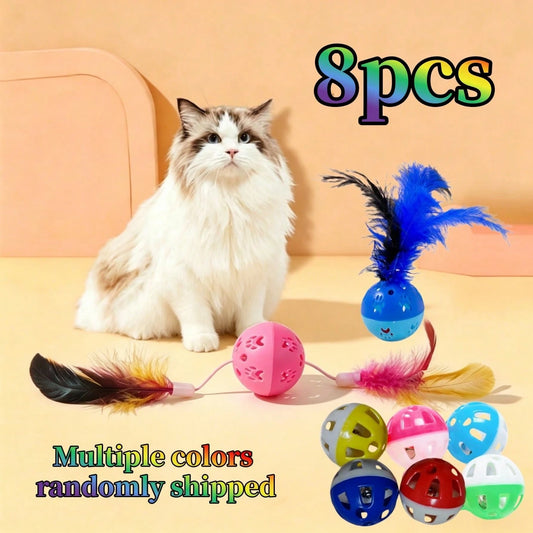8PCS Cat Feather Ball Toy Set | Interactive Chase Toys for Indoor Cats