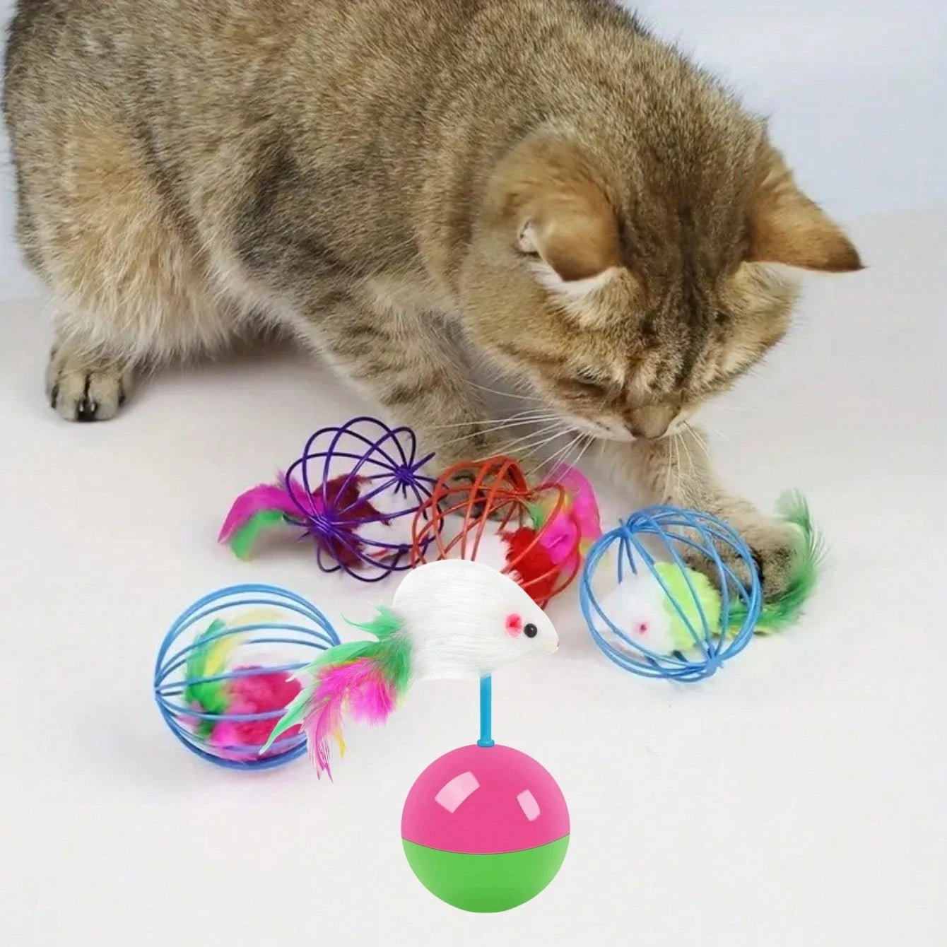 8PCS Cat Feather Ball Toy Set | Interactive Chase Toys for Indoor Cats