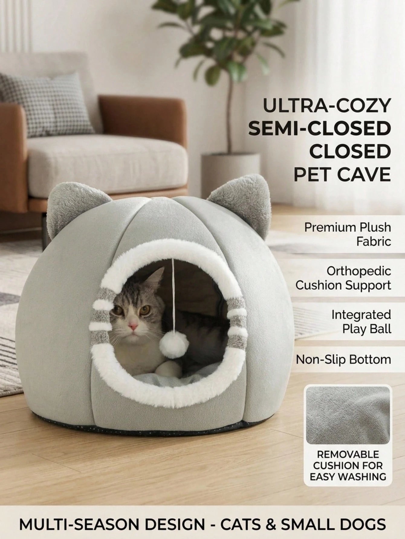 Washable Cat Cave Bed for Indoor Cats & Kittens | Soft Plush Pet House