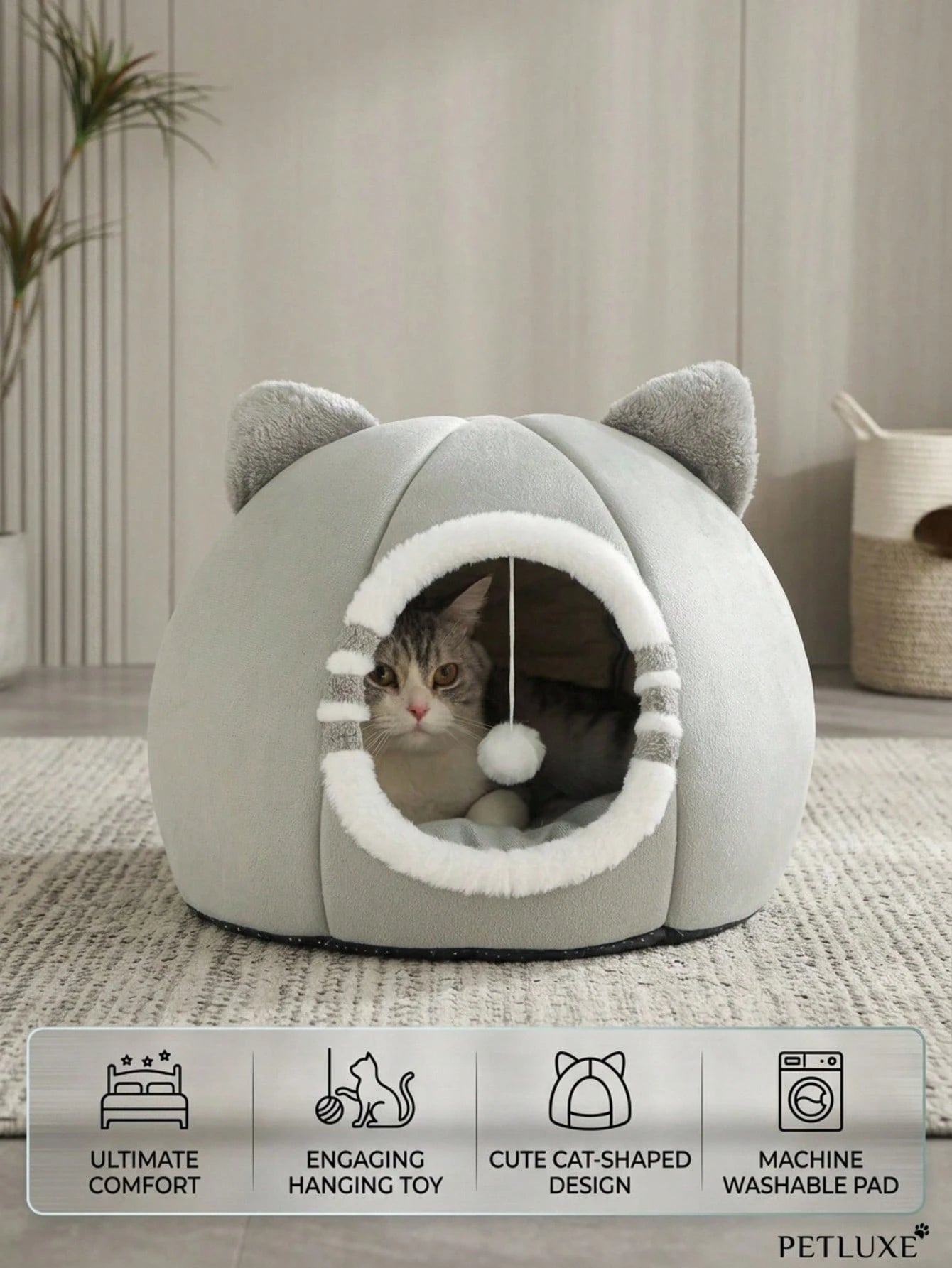 Washable Cat Cave Bed for Indoor Cats & Kittens | Soft Plush Pet House