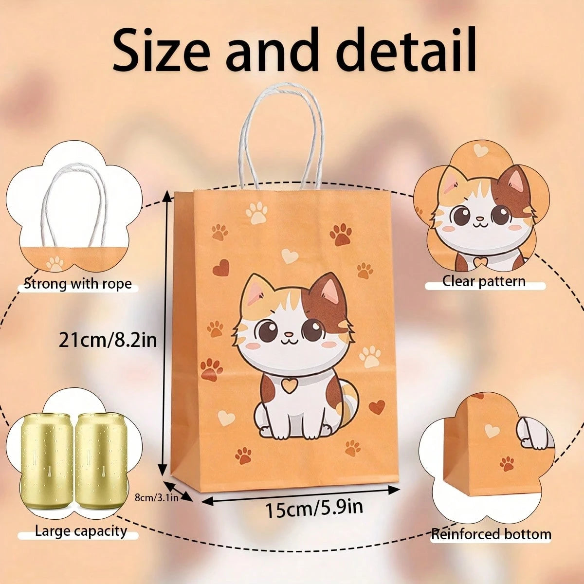 Cat Theme Gift Bags – Kraft Paper Party Favor Bags (6 Pieces)