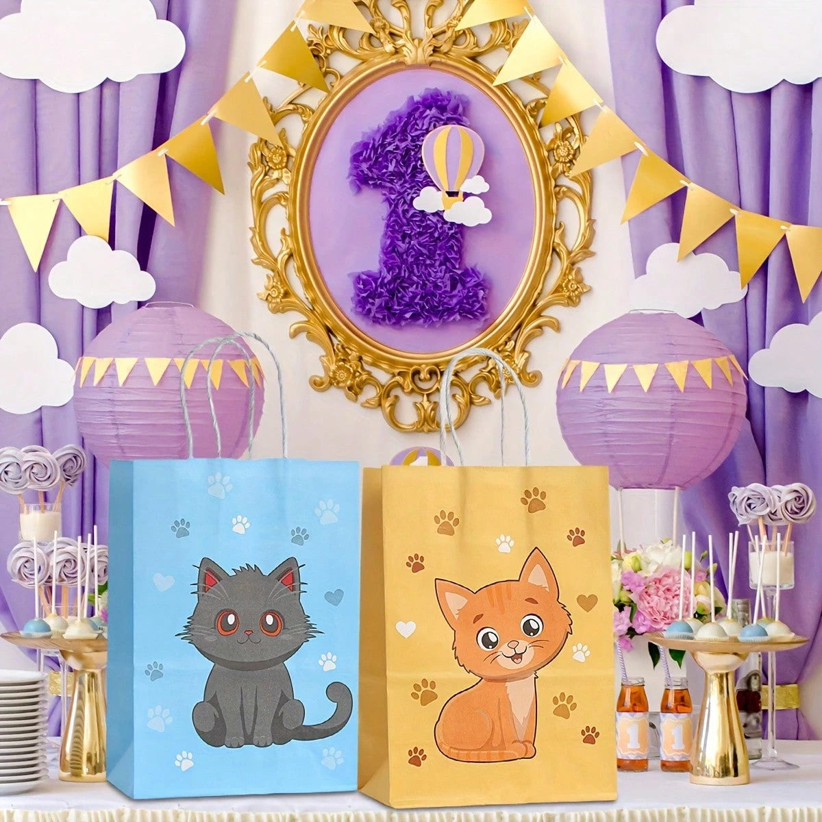 Cat Theme Gift Bags – Kraft Paper Party Favor Bags (6 Pieces)