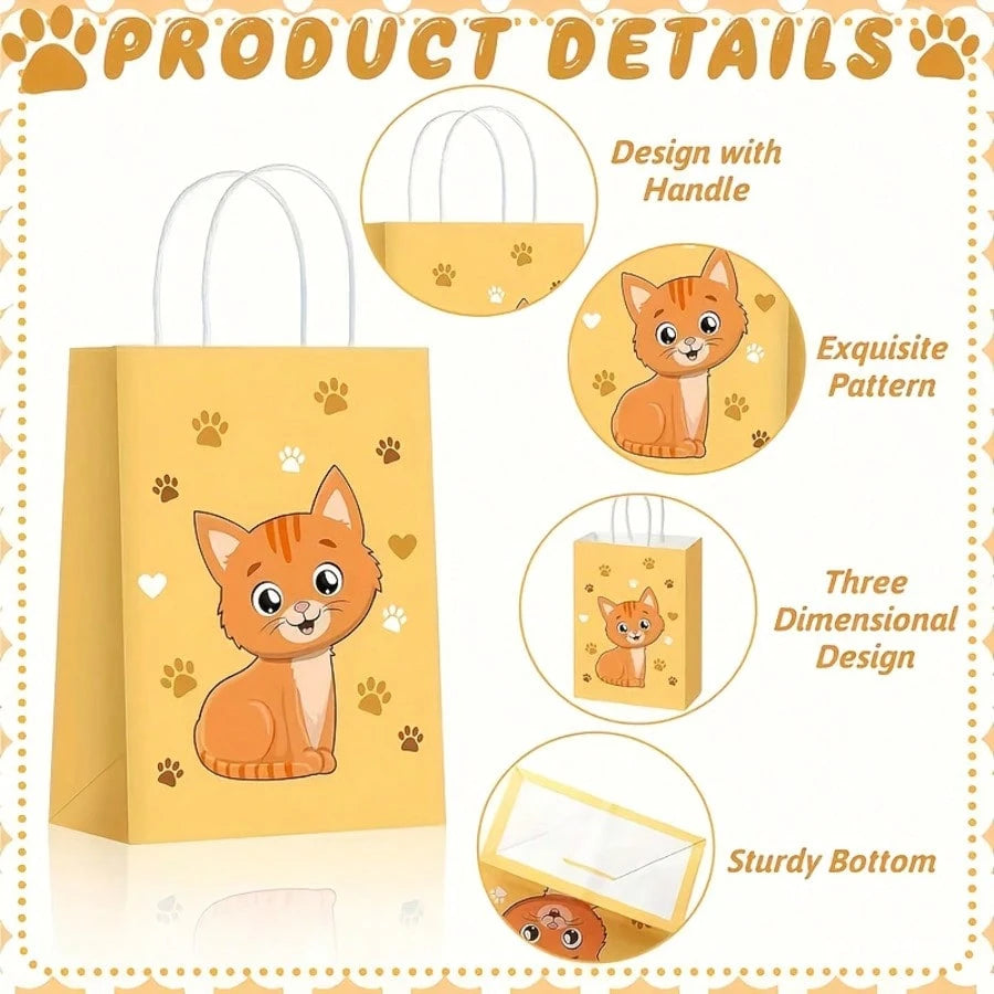 Cat Theme Gift Bags – Kraft Paper Party Favor Bags (6 Pieces)