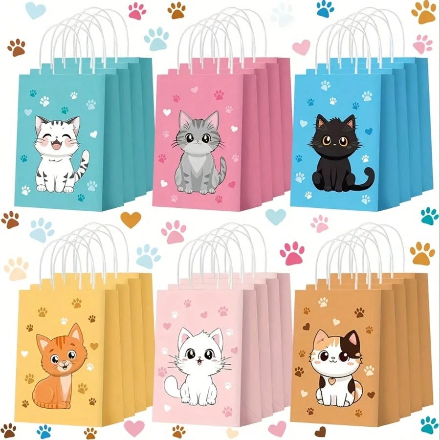 Cat Theme Gift Bags – Kraft Paper Party Favor Bags (6 Pieces)