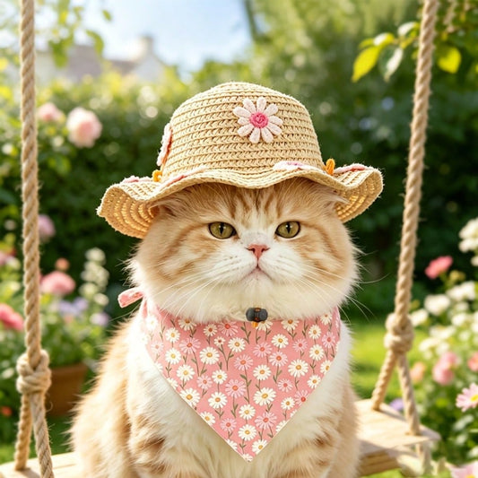 Cute Daisy Pet Straw Hat with Bandana | Summer Dog & Cat Sun Hat