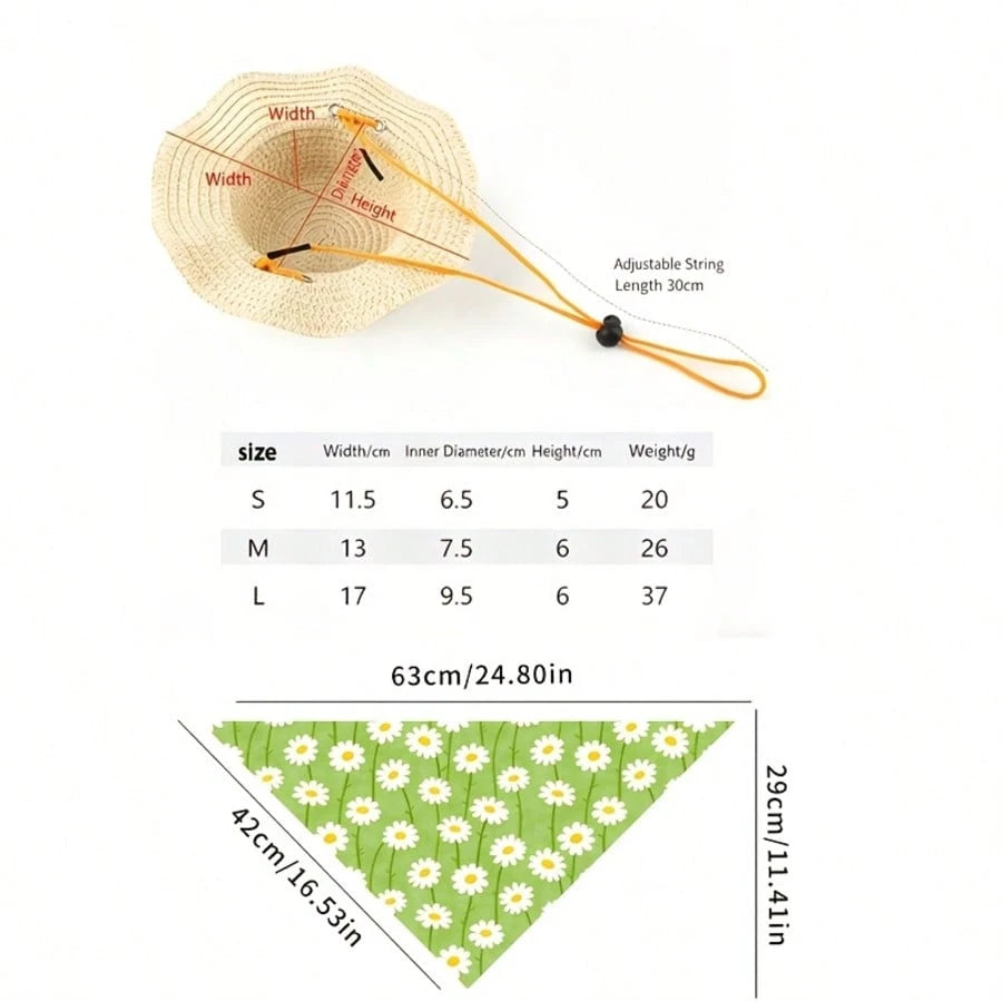 Cute Daisy Pet Straw Hat with Bandana | Summer Dog & Cat Sun Hat