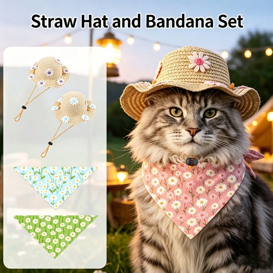 Cute Daisy Pet Straw Hat with Bandana | Summer Dog & Cat Sun Hat