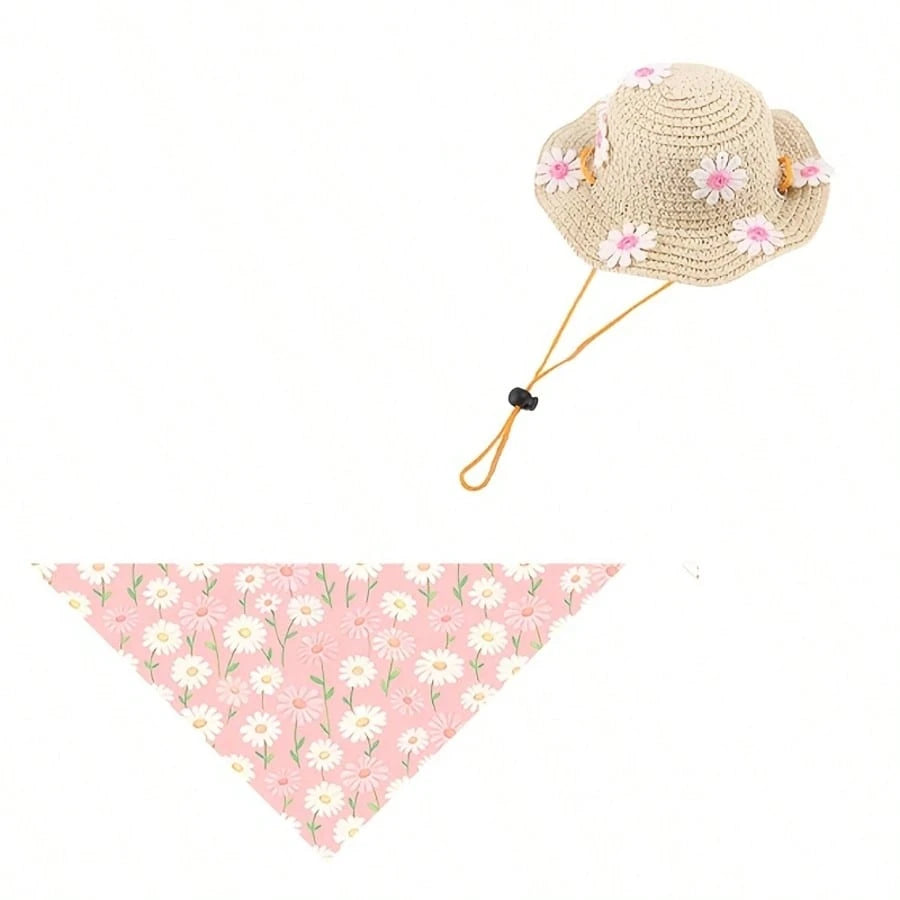 Cute Daisy Pet Straw Hat with Bandana | Summer Dog & Cat Sun Hat