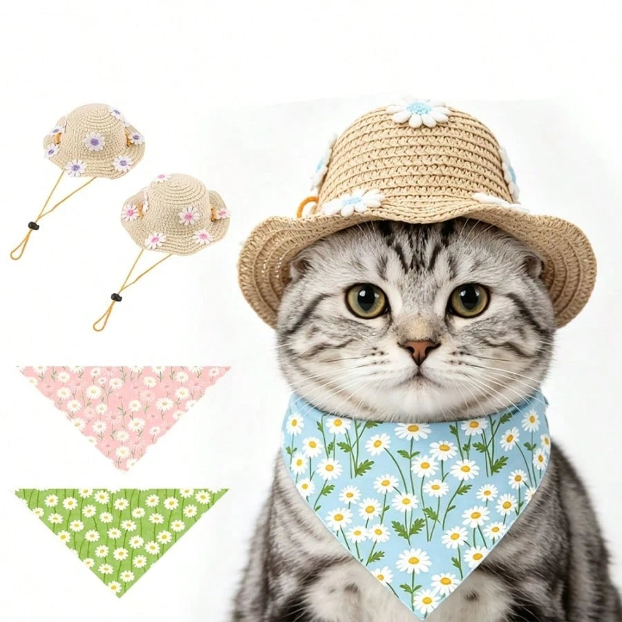 Cute Daisy Pet Straw Hat with Bandana | Summer Dog & Cat Sun Hat