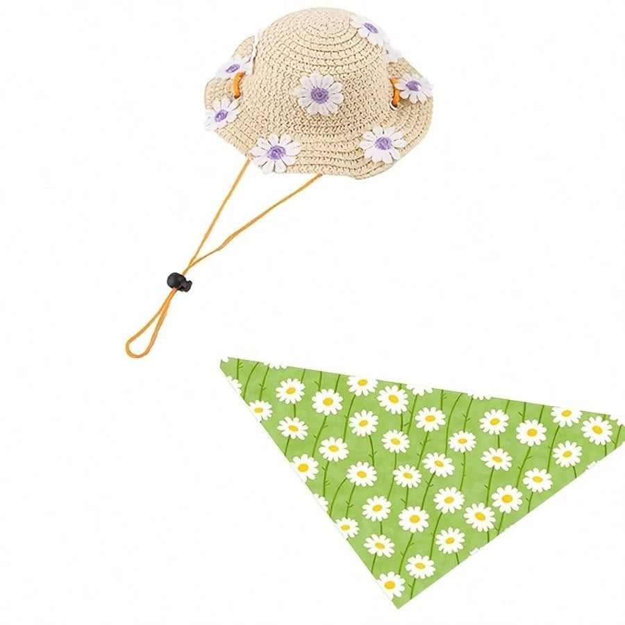 Cute Daisy Pet Straw Hat with Bandana | Summer Dog & Cat Sun Hat