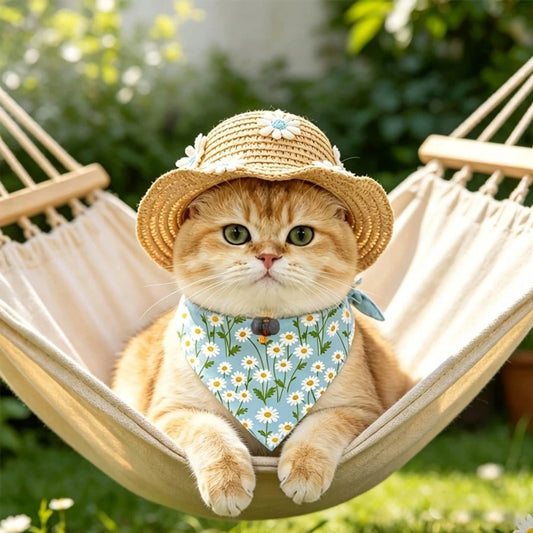 Cute Daisy Pet Straw Hat with Bandana | Summer Dog & Cat Sun Hat