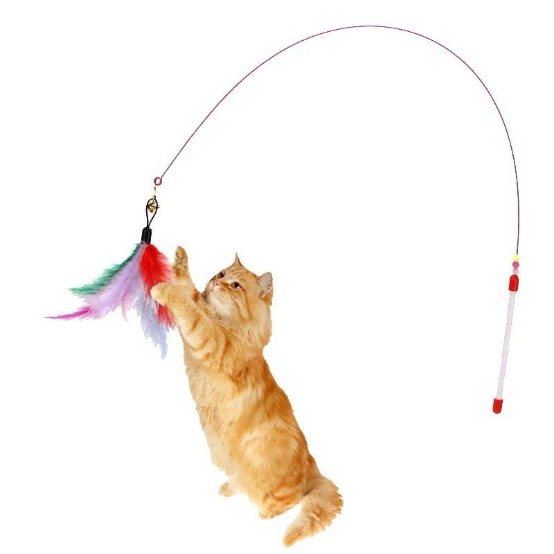 Interactive Cat Wand Toy with Feathers & Bell – Flexible Teaser Wand