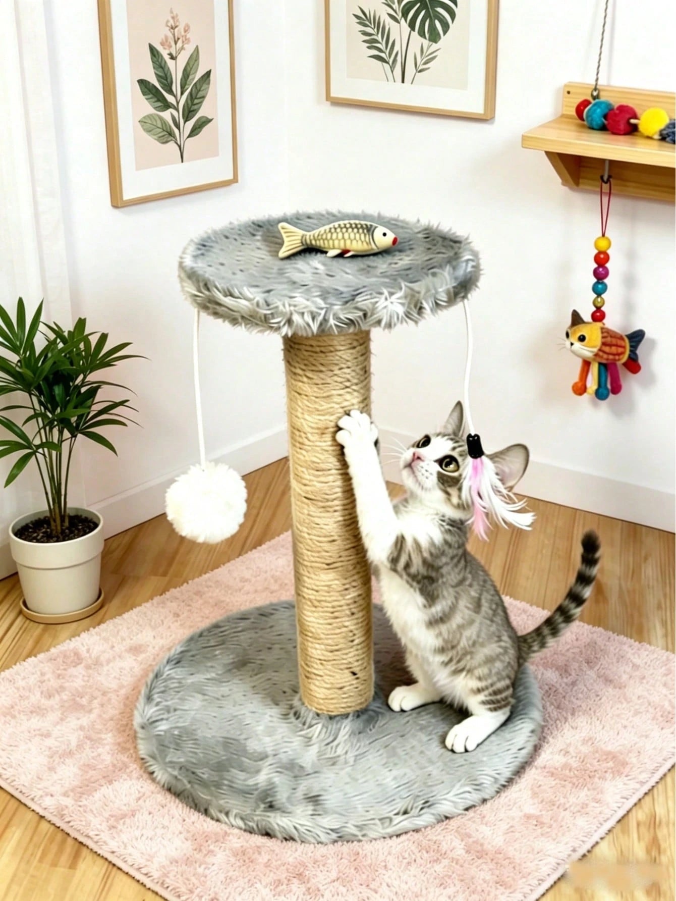 Mini Sisal Cat Scratching Post with Pom-Pom & Feather Toy | Interactive Cat Treec