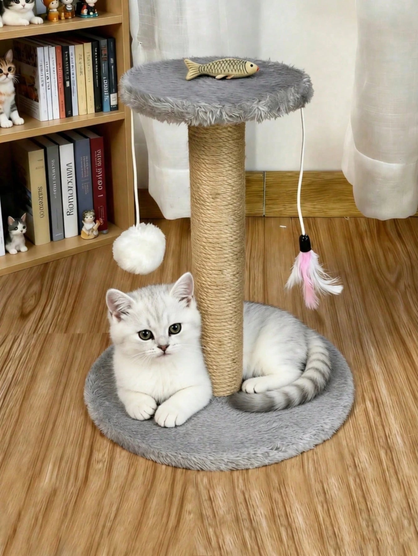 Mini Sisal Cat Scratching Post with Pom-Pom & Feather Toy | Interactive Cat Treec