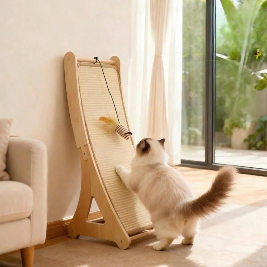 Curved Sisal Cat Scratching Post with Hanging Feather Toy | Durable Cat Scratcher