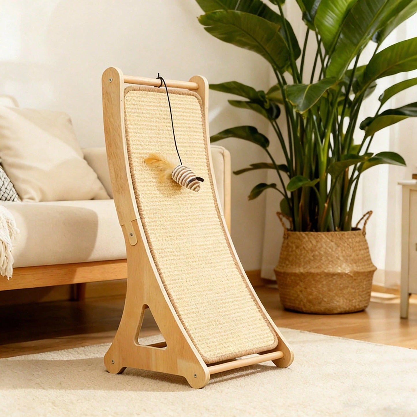 Curved Sisal Cat Scratching Post with Hanging Feather Toy | Durable Cat Scratcher