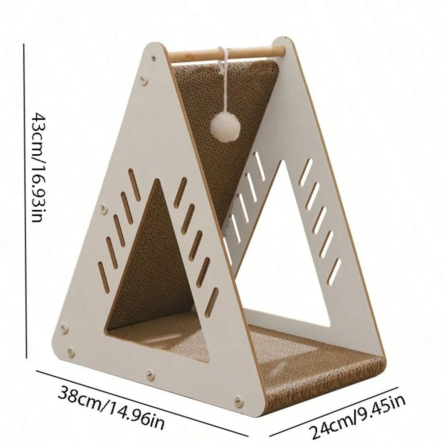 Wooden Triangle Sisal Cat Bed & Scratching House with Hanging Ball | Interactive Cat Furniture