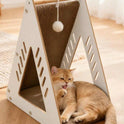 Wooden Triangle Sisal Cat Bed & Scratching House with Hanging Ball | Interactive Cat Furniture