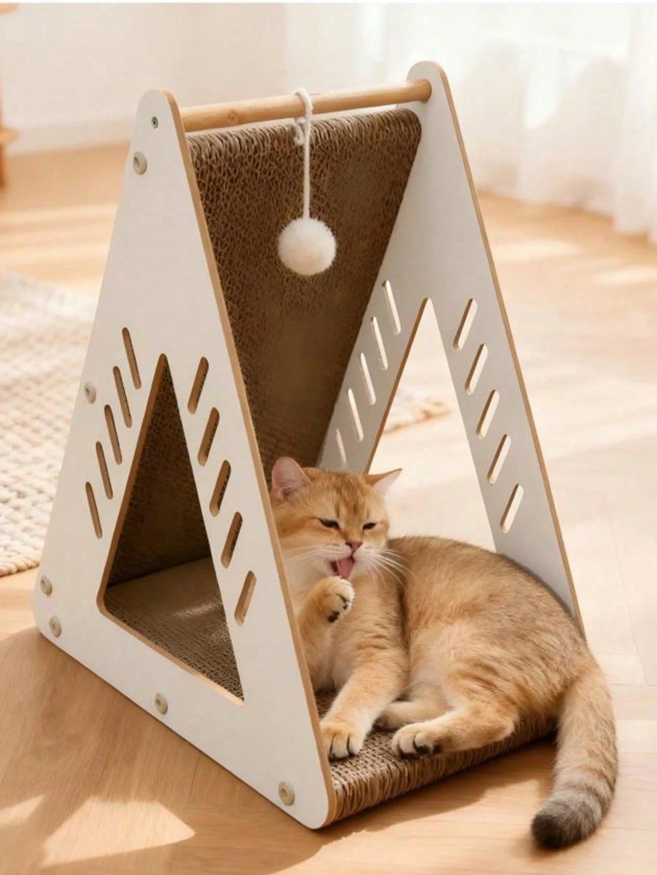 Wooden Triangle Sisal Cat Bed & Scratching House with Hanging Ball | Interactive Cat Furniture