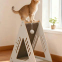 Wooden Triangle Sisal Cat Bed & Scratching House with Hanging Ball | Interactive Cat Furniture