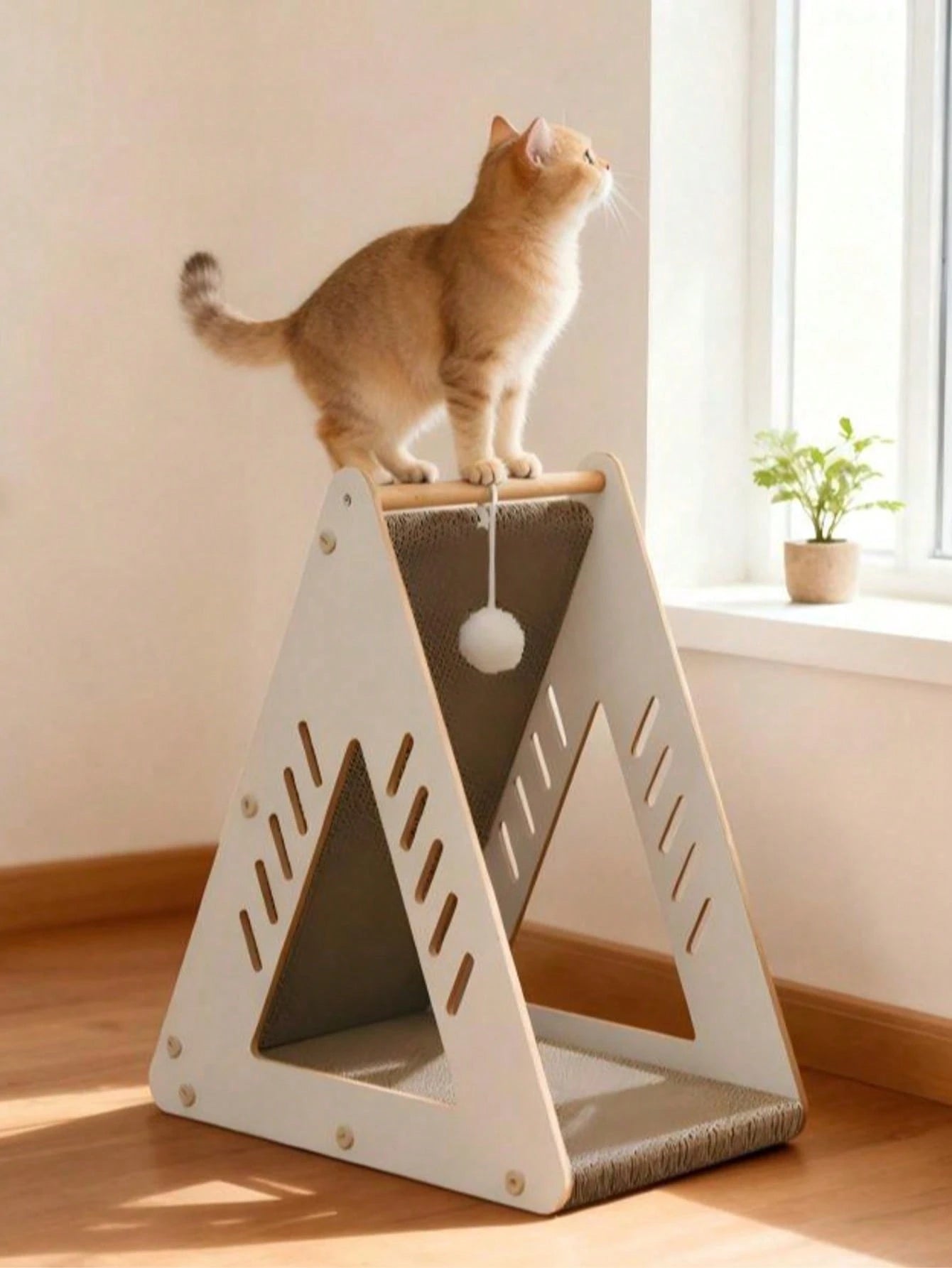Wooden Triangle Sisal Cat Bed & Scratching House with Hanging Ball | Interactive Cat Furniture