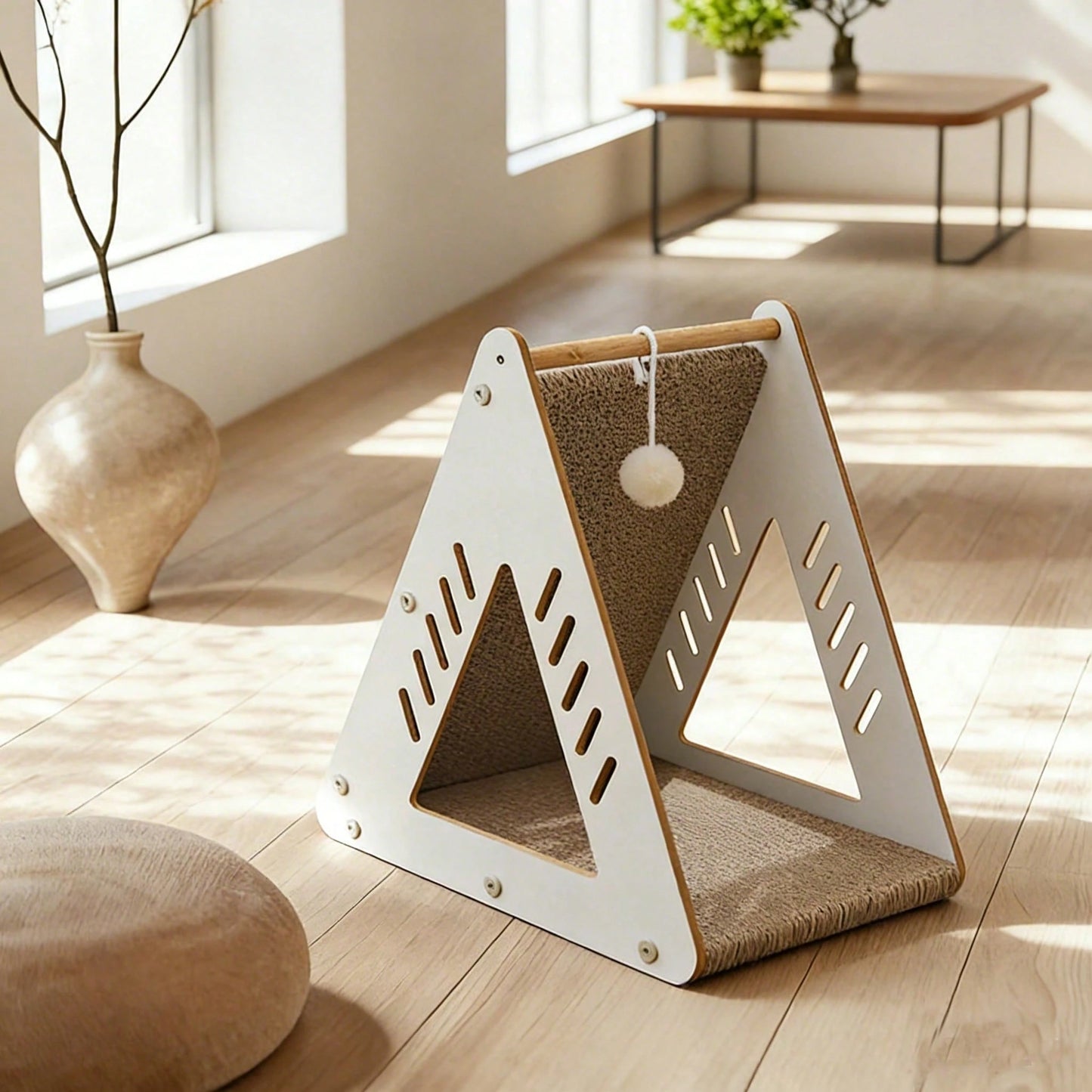 Wooden Triangle Sisal Cat Bed & Scratching House with Hanging Ball | Interactive Cat Furniture