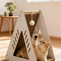 Wooden Triangle Sisal Cat Bed & Scratching House with Hanging Ball | Interactive Cat Furniture