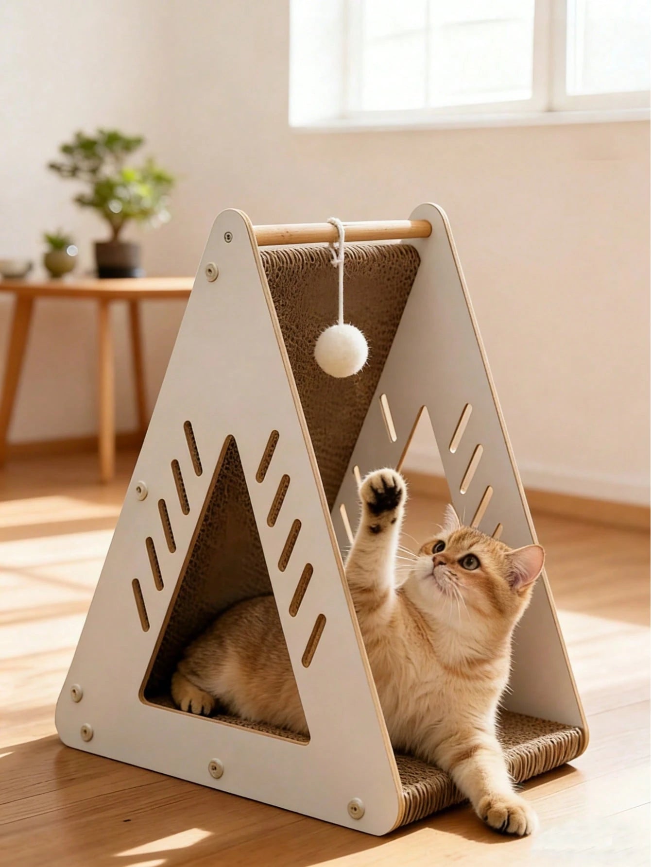 Wooden Triangle Sisal Cat Bed & Scratching House with Hanging Ball | Interactive Cat Furniture