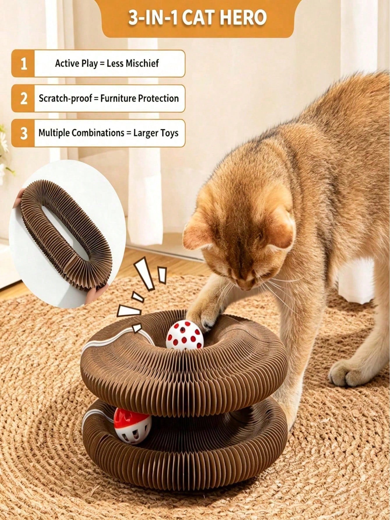 Interactive Accordion Cat Scratching Board with Bell Ball | Foldable Cardboard Cat Scratcher