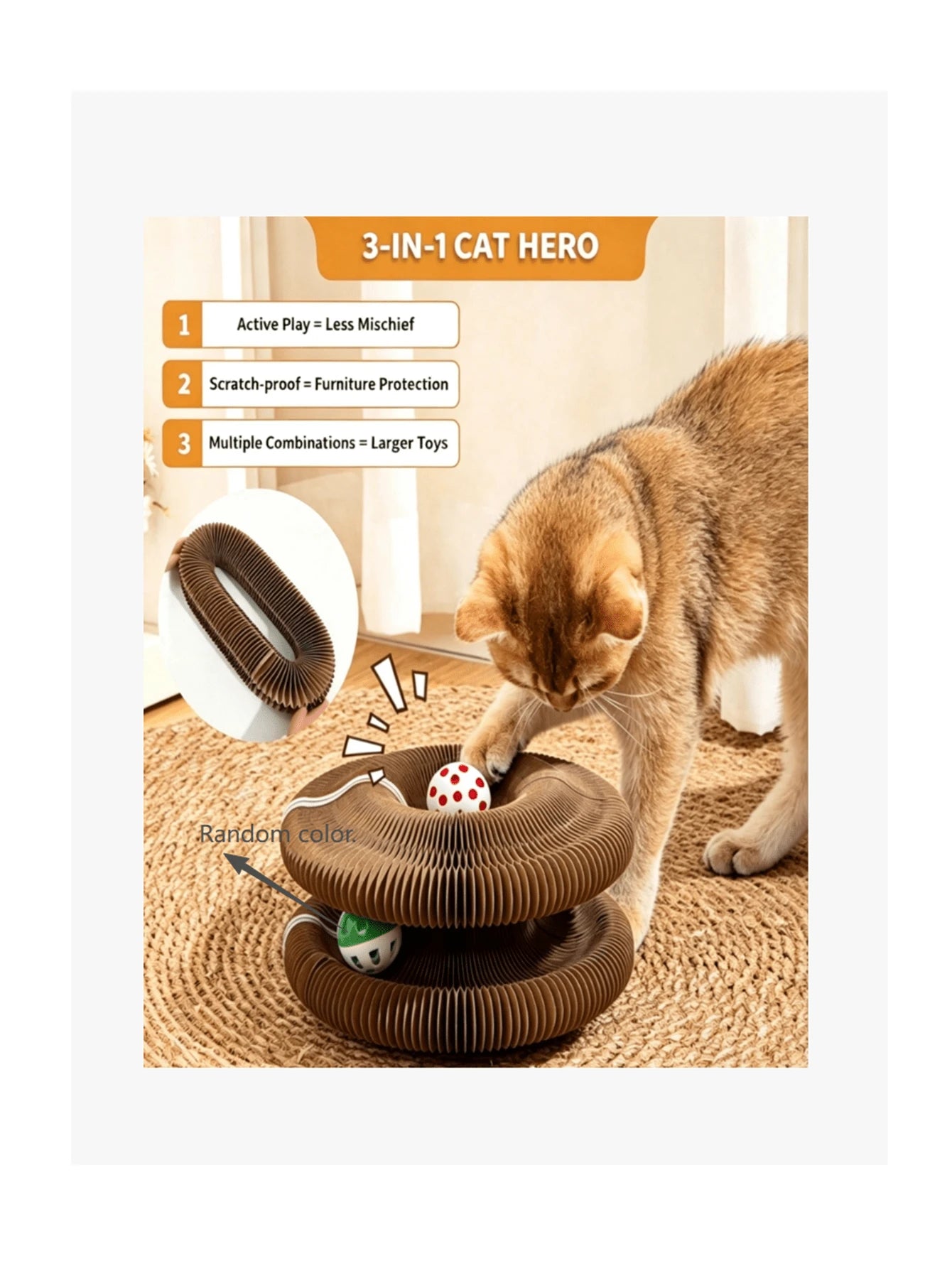 Interactive Accordion Cat Scratching Board with Bell Ball | Foldable Cardboard Cat Scratcher