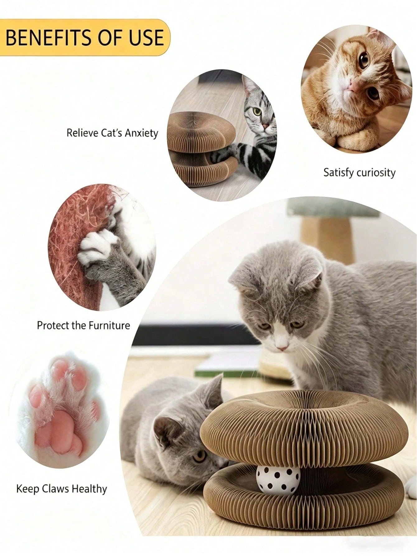 Interactive Accordion Cat Scratching Board with Bell Ball | Foldable Cardboard Cat Scratcher