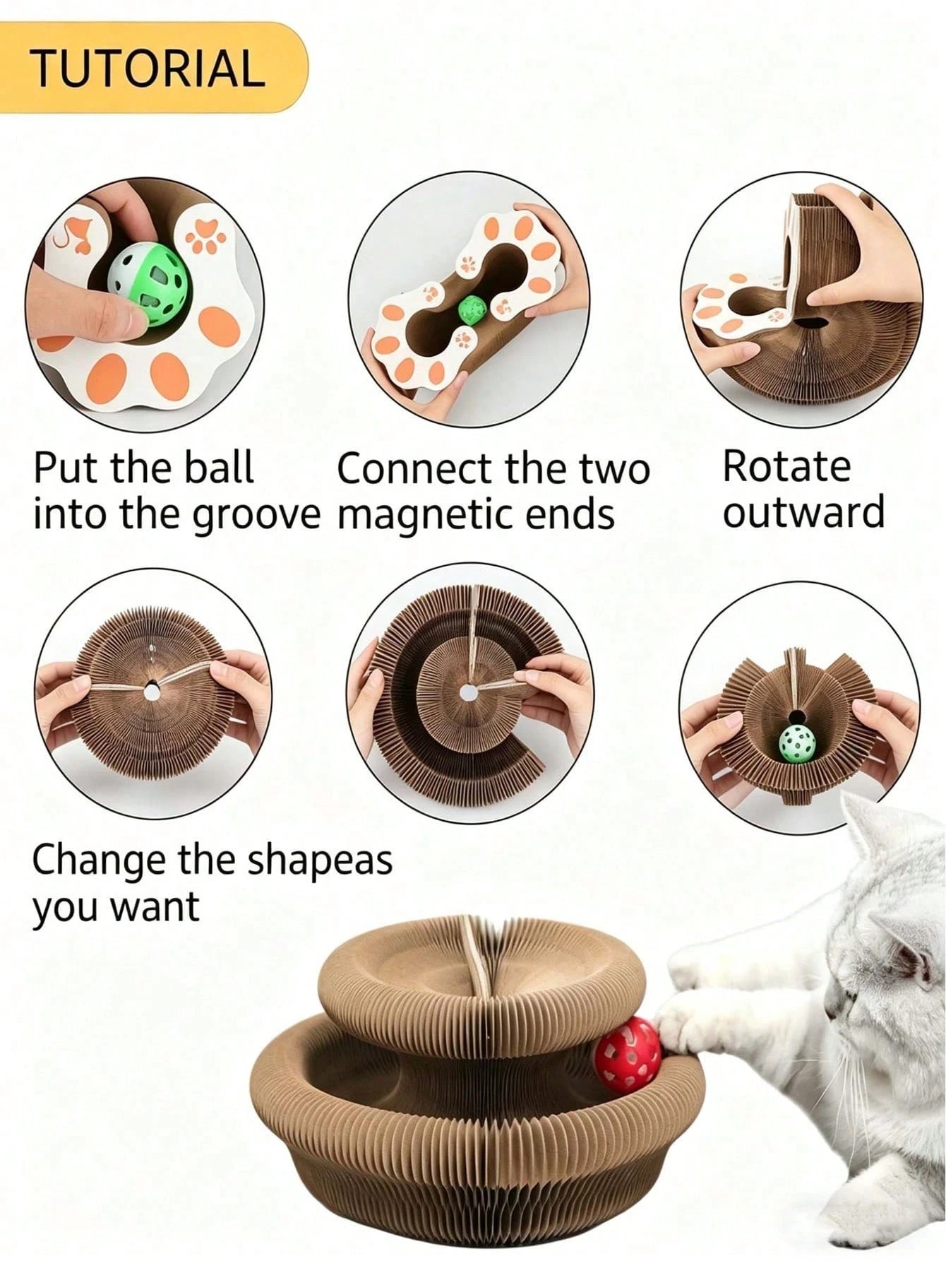 Interactive Accordion Cat Scratching Board with Bell Ball | Foldable Cardboard Cat Scratcher