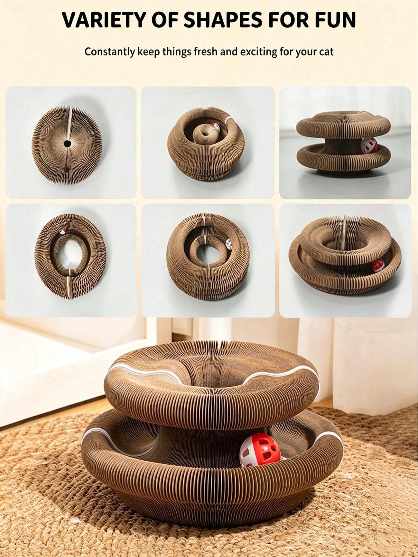 Interactive Accordion Cat Scratching Board with Bell Ball | Foldable Cardboard Cat Scratcher