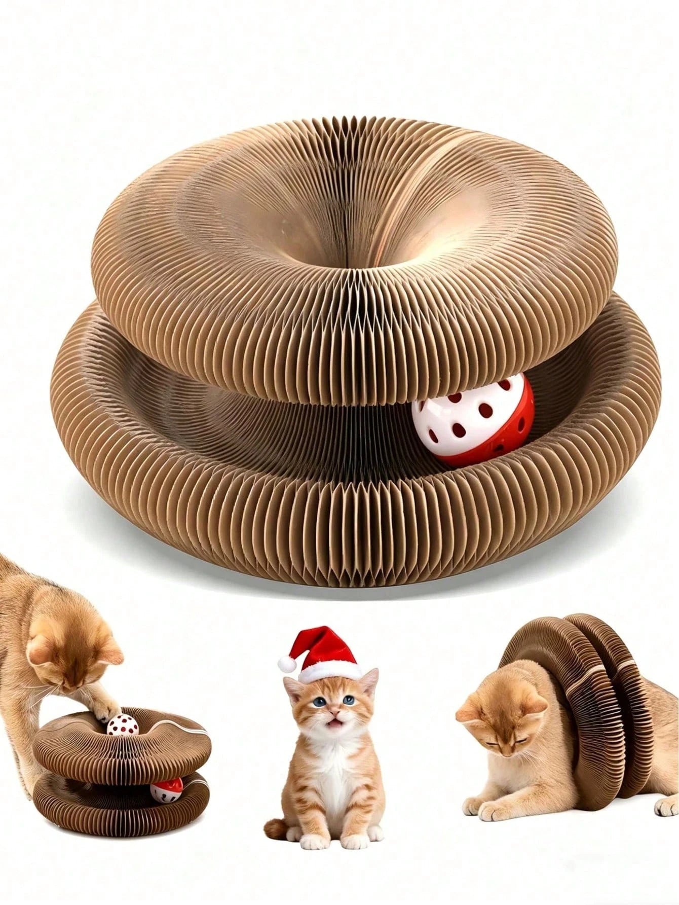 Interactive Accordion Cat Scratching Board with Bell Ball | Foldable Cardboard Cat Scratcher