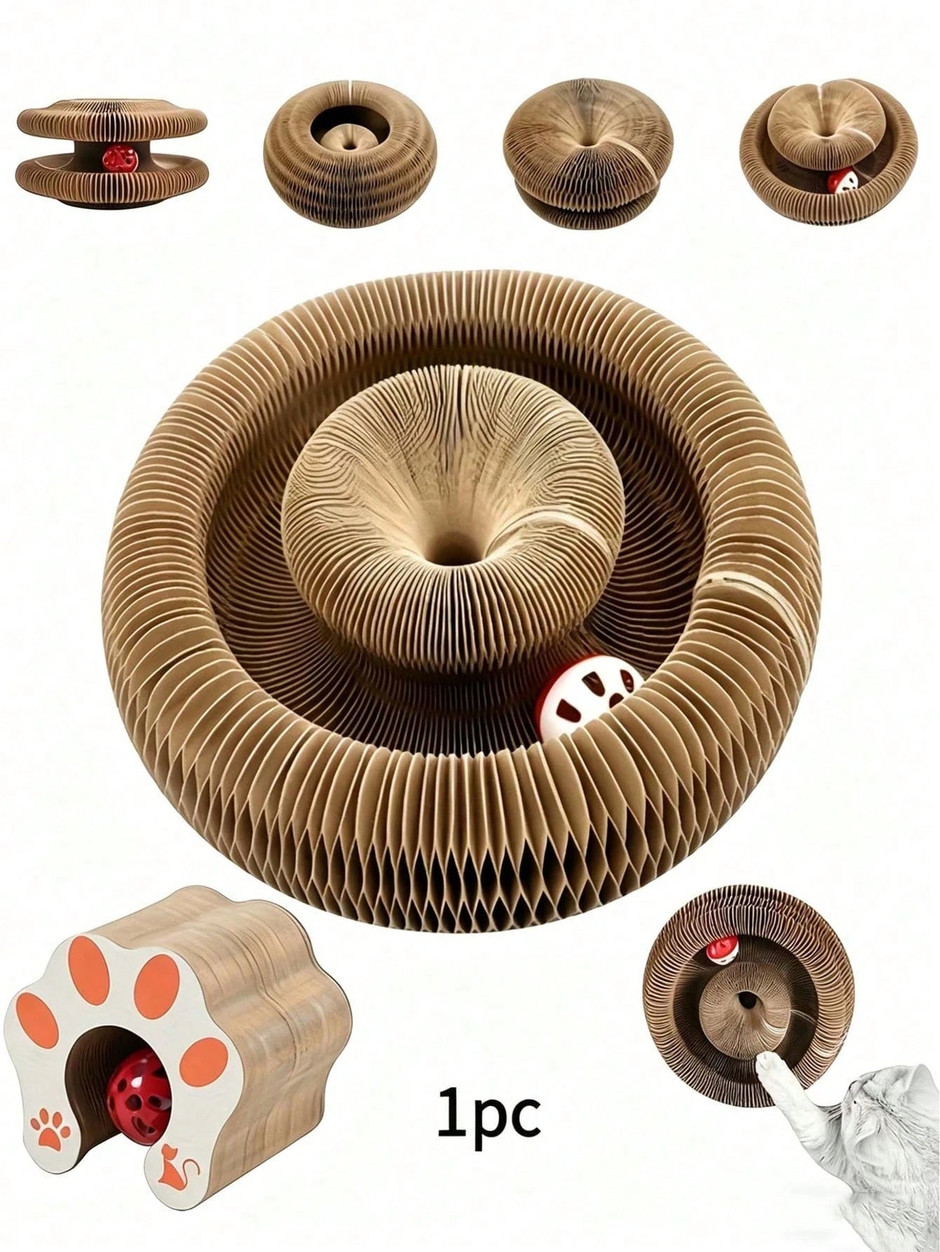 Interactive Accordion Cat Scratching Board with Bell Ball | Foldable Cardboard Cat Scratcher