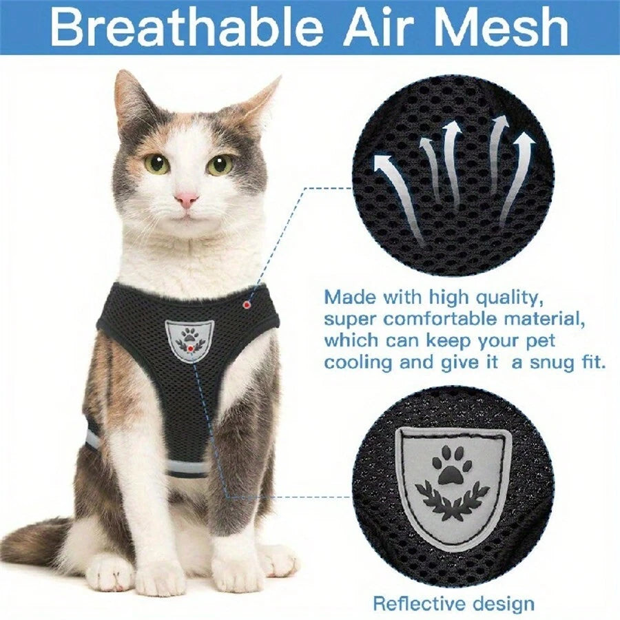 Reflective Pet Harness & Leash Set with Bowl | Cat & Dog Walking Vest