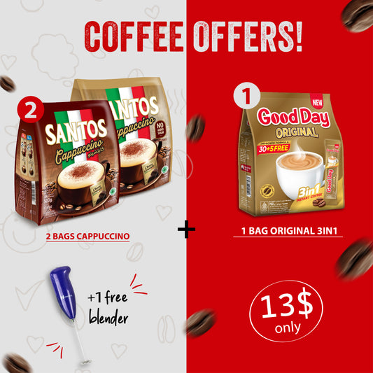 Santos Cappuccino (2 Bags) + Goodday Instant Coffee 3-in-1 (1 Bag) Bundle – Free Blender Offer