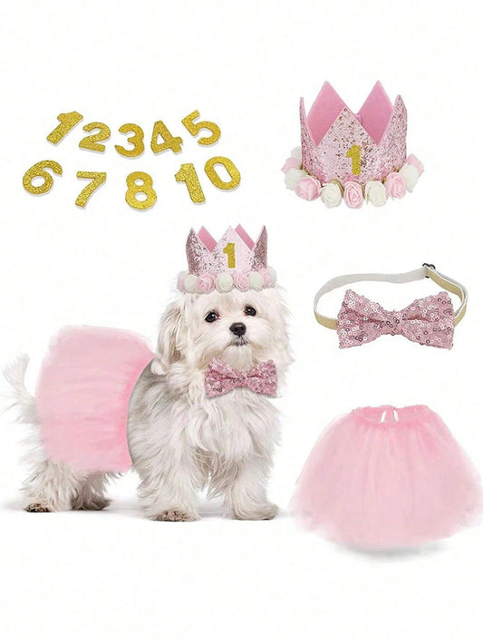 Dog Birthday Party Set with Crown Hat, Bow Tie & Tutu Skirt