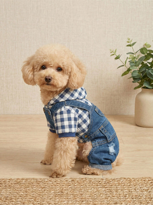 Striped Dog Denim Overall Jumpsuit | 4-Leg Pet Outfit for Small Dogs