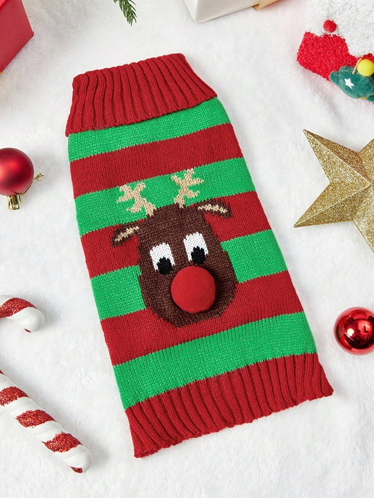 Christmas Dog Sweater – Knitted Reindeer & Striped Design