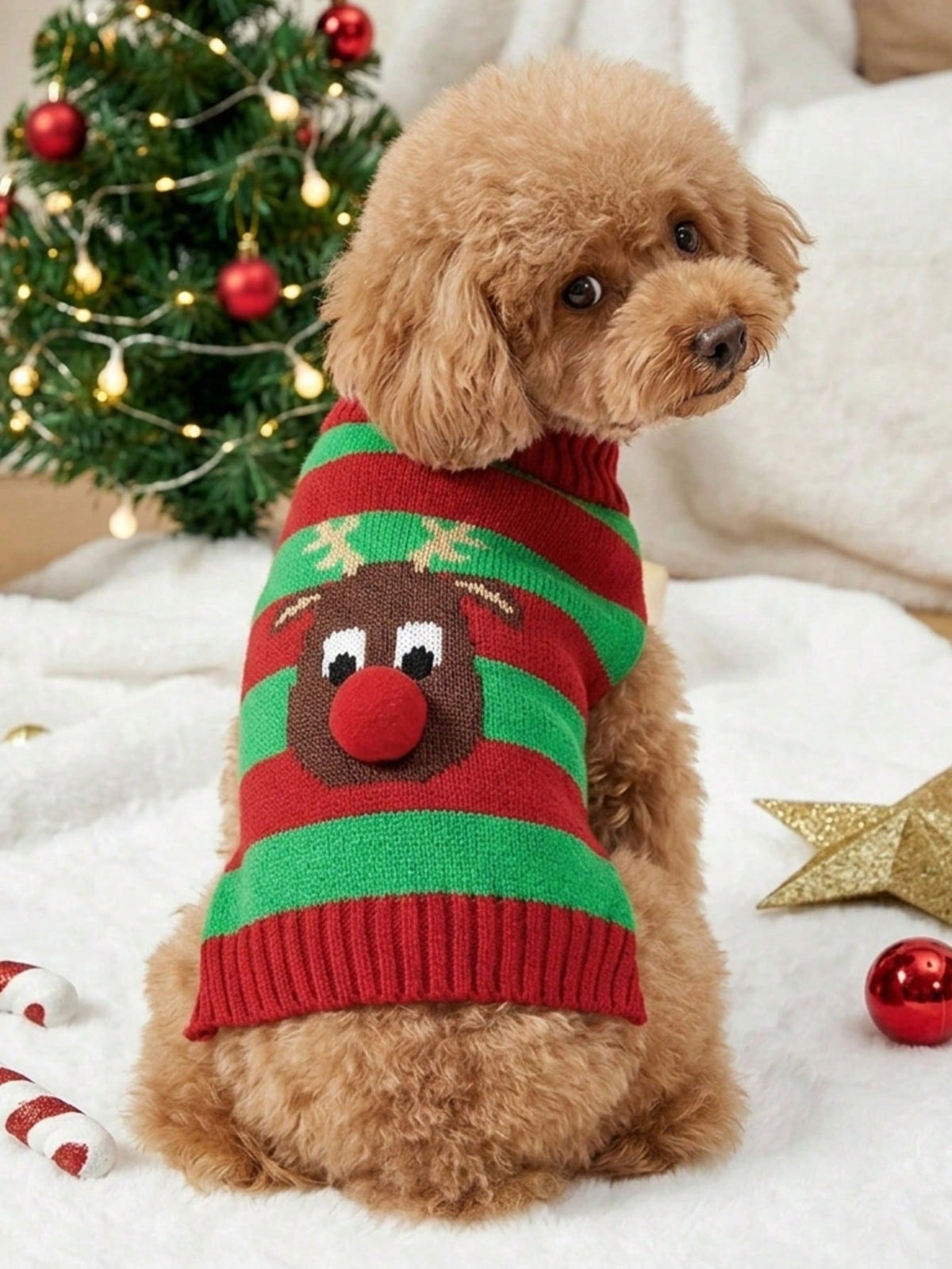 Christmas Dog Sweater – Knitted Reindeer & Striped Design